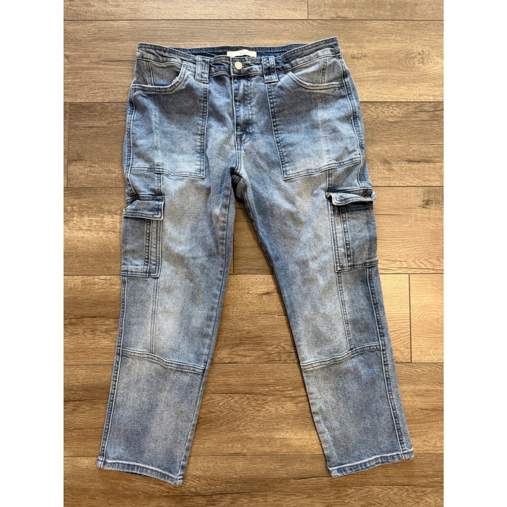 KanCan KC7843D High Rise Straight Leg Cargo Jeans Blue Acid Wash Womens 13/30